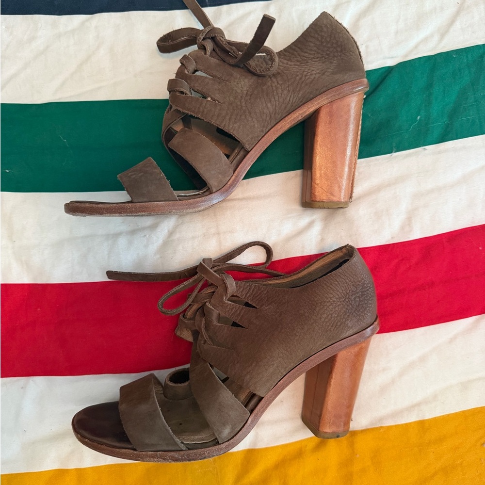 Frye Brown Leather Lace-Up Block Heel Sandals